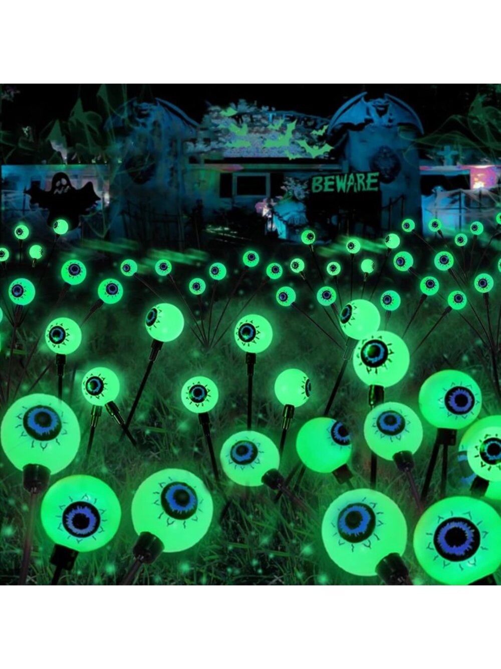 Spooky Solar Halloween Decorations - 6 Pack 36 LED Green Eyeball Lights Outdoor